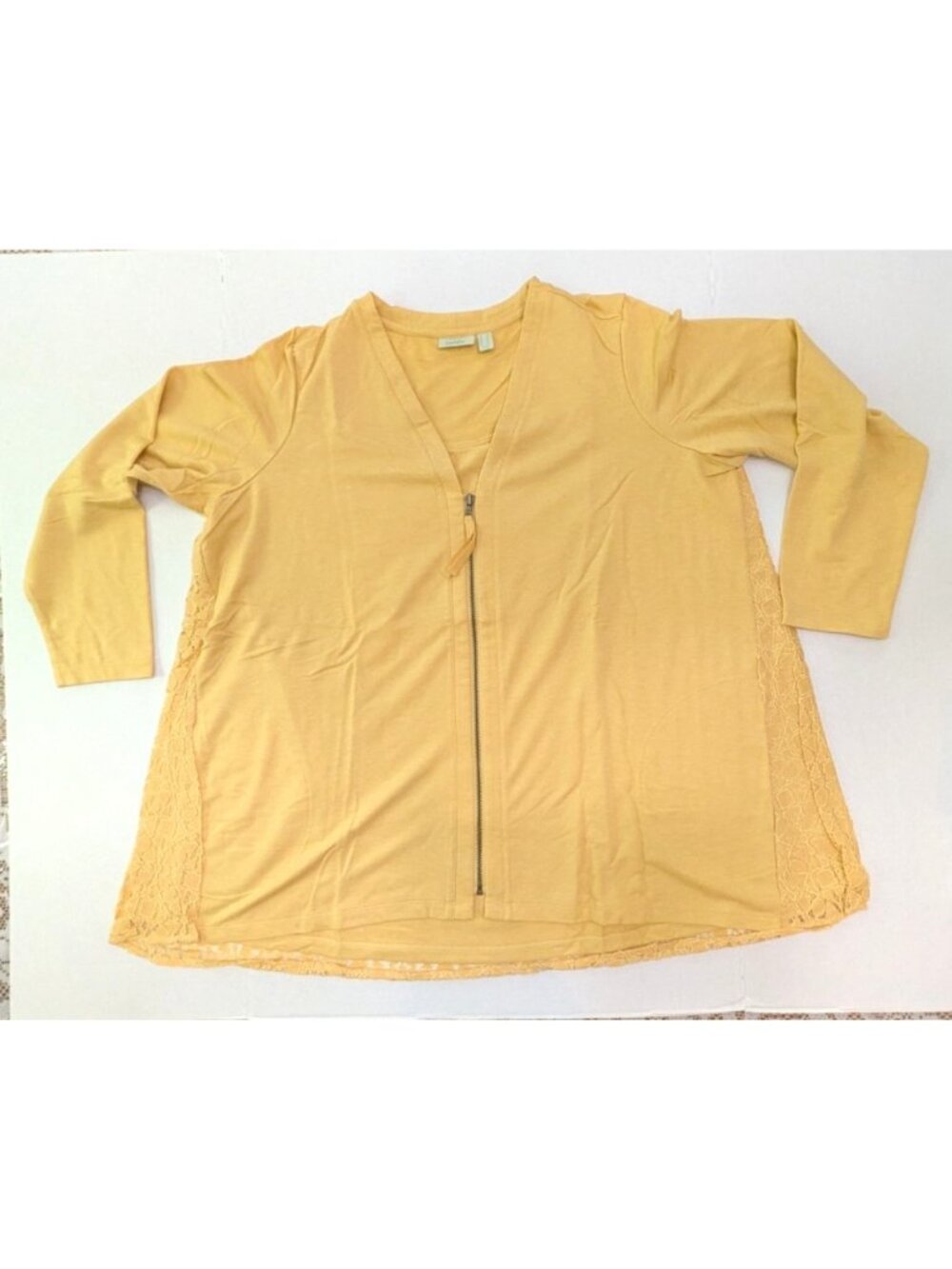 LOGO Lounge by Lori Goldstein Zip Front Cardigan with Lace Back Size 1X Yellow